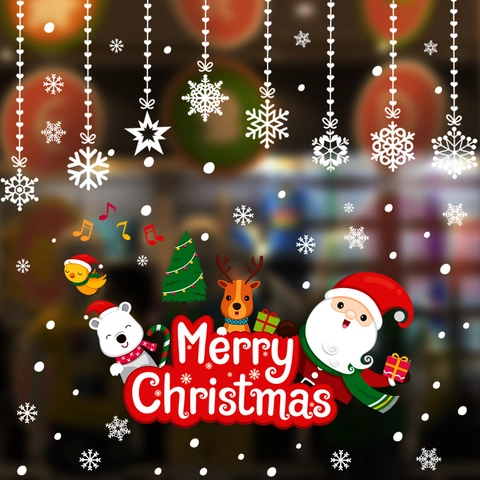 Pegatinas de Ventana de PVC de Navidad Dibujos Animados Papá Noel Reno Oso Polar Copo de Nieve Calcomanías de Vidrio