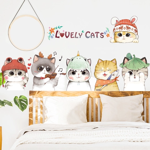 Süße Cartoon Katze Wandaufkleber PVC Abnehmbare Handgemalte Aquarell Tier Aufkleber Für Kinderzimmer Wohnzimmer Deko