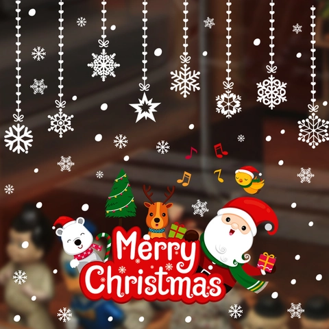 Pegatinas de Ventana de PVC de Navidad Dibujos Animados Papá Noel Reno Oso Polar Copo de Nieve Calcomanías de Vidrio