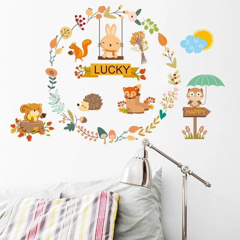 Removable Cartoon Forest Animal Wall Stickers PVC Waterproof Floral Wreath Rabbit Fox Owl Wall Decals For Kids Room Nursery Decor