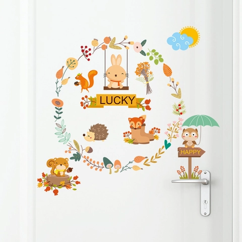 Removable Cartoon Forest Animal Wall Stickers PVC Waterproof Floral Wreath Rabbit Fox Owl Wall Decals For Kids Room Nursery Decor