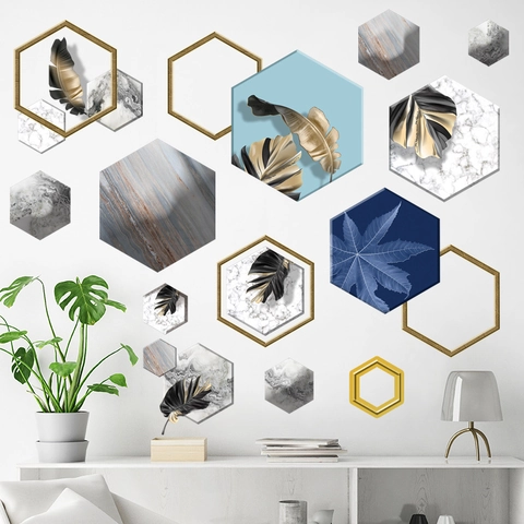 Pegatinas de Pared Hexagonales Nórdicas de Lujo Ligero Mármol Moderno Oro Hojas Tropicales Autoadhesivas Impermeables PVC