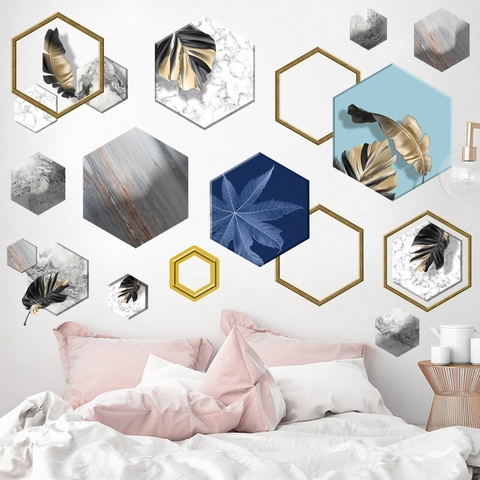 Pegatinas de Pared Hexagonales Nórdicas de Lujo Ligero Mármol Moderno Oro Hojas Tropicales Autoadhesivas Impermeables PVC