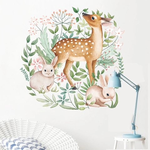 Pegatina de Pared de Ciervo Sika Conejo Guirlanda Floral Acuarela PVC Impermeable Decoración Nórdica para Sala y Dormitorio