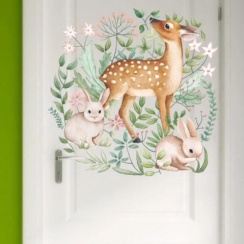 Pegatina de Pared de Ciervo Sika Conejo Guirlanda Floral Acuarela PVC Impermeable Decoración Nórdica para Sala y Dormitorio