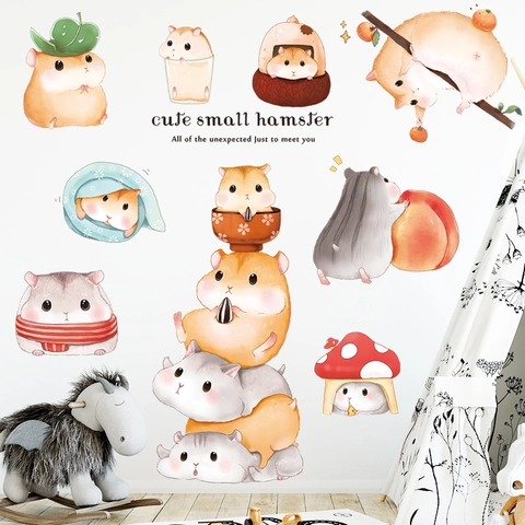 Cute Cartoon Hamster Wall Stickers PVC Self Adhesive Animal Decals For Kids Room Nursery Bedroom Hand Painted Watercolor Style