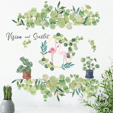 Nordic Watercolor Eucalyptus Flamingo Wall Sticker PVC Removable Botanical Floral Potted Plants Home Decor Wall Decal