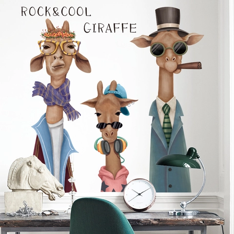 European Style Cartoon Giraffe Wall Stickers Waterproof PVC Removable Rock Cool Animal DIY Wall Decals For Living Room Bedroom Decoration