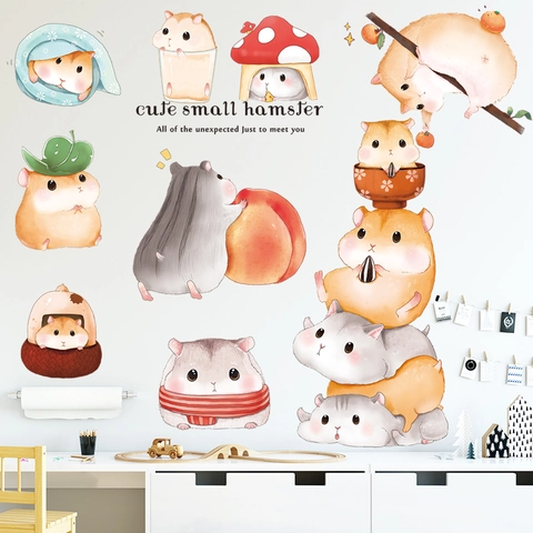 Cute Cartoon Hamster Wall Stickers PVC Self Adhesive Animal Decals For Kids Room Nursery Bedroom Hand Painted Watercolor Style