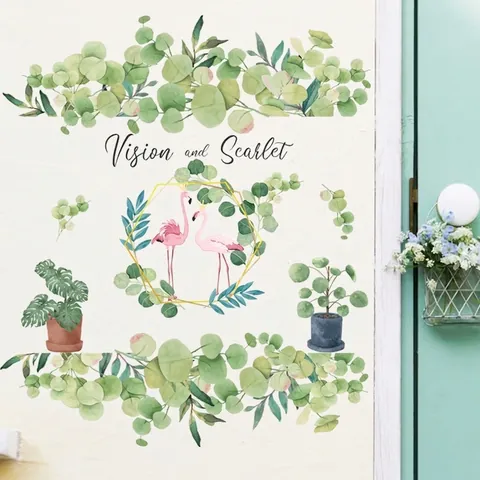 Nordic Watercolor Eucalyptus Flamingo Wall Sticker PVC Removable Botanical Floral Potted Plants Home Decor Wall Decal