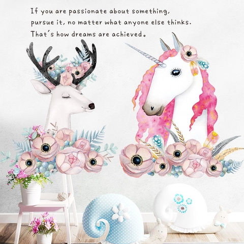 Pegatinas de Pared Unicornio Ciervo Rosa Acuarela Floral PVC Autoadhesivo Extraíble Arte Calcomanía para Dormitorio Niñas