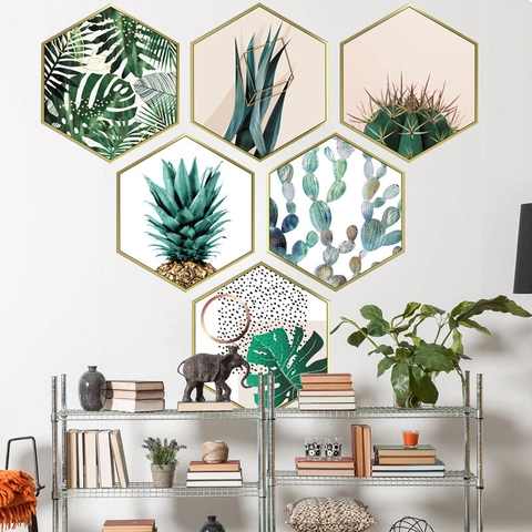 Pegatinas de Pared Hexagonales Plantas Tropicales Nórdicas Juego 6 Piezas Borde Dorado PVC Impermeable Autoadhesivo Mural Casa