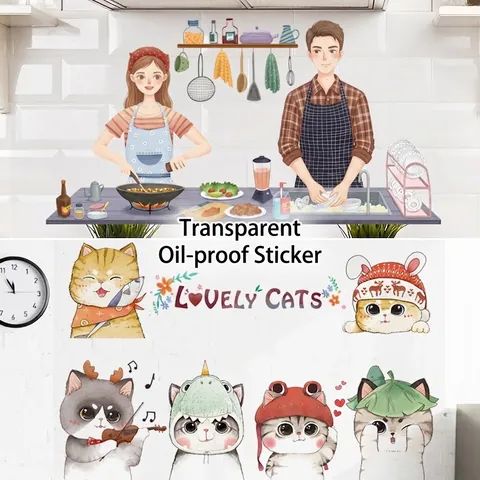 Adhesivo de Pared Resistente al Aceite para Cocina Autoadhesivo Resistente al Calor Papel Tapiz de PVC Transparente Impermeable con Dibujos Animados
