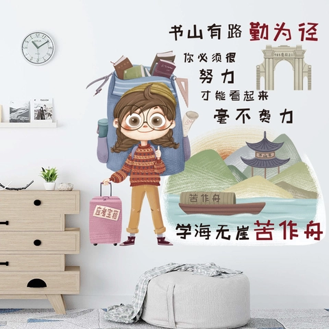 Cartoon Girl Educational Inspirational Wall Sticker PVC Waterproof Quote Decal For Student Study Room Bedroom Classroom Decoration