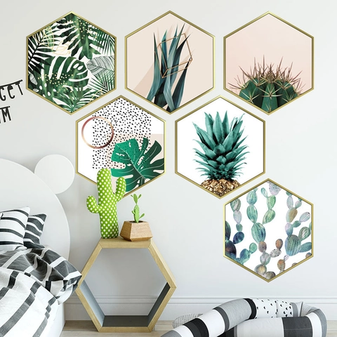 Pegatinas de Pared Hexagonales Plantas Tropicales Nórdicas Juego 6 Piezas Borde Dorado PVC Impermeable Autoadhesivo Mural Casa