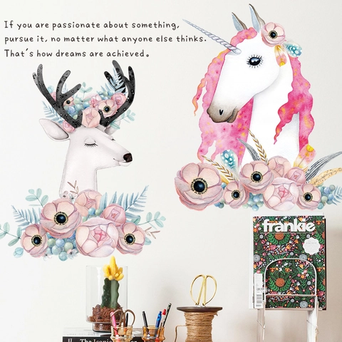 Pegatinas de Pared Unicornio Ciervo Rosa Acuarela Floral PVC Autoadhesivo Extraíble Arte Calcomanía para Dormitorio Niñas