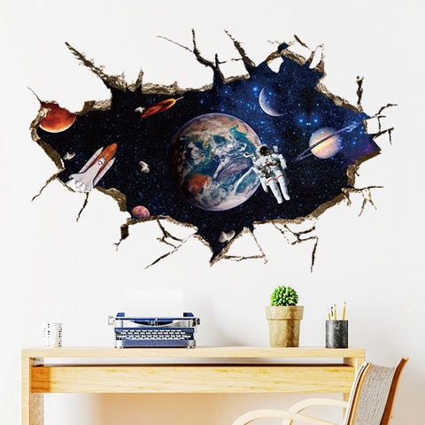 3D Astronaut Space Wall Decal Broken Wall Outer Space Planet Earth Wall Sticker Waterproof PVC Poster For Kids Room Bedroom