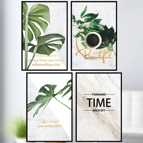 Vinilo de Pared de Hoja de Monstera Tropical Nórdico PVC Impermeable Planta Verde Mármol Texto Decoración para Sala