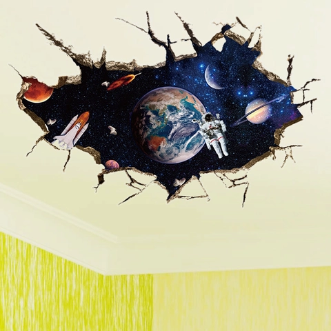 3D Astronaut Space Wall Decal Broken Wall Outer Space Planet Earth Wall Sticker Waterproof PVC Poster For Kids Room Bedroom