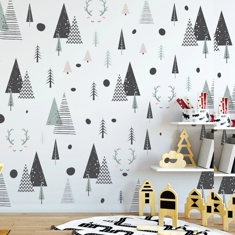 Pegatinas de Pared de Pinos y Ciervos de Bosque de Estilo Nórdico Para Habitación Infantil Dormitorio Sala de Estar de PVC