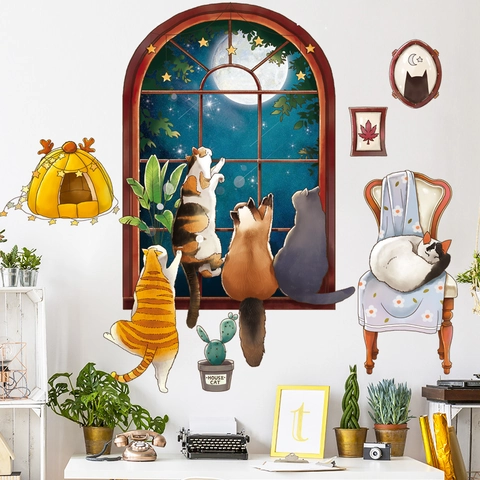 Cartoon Kat Maan Ster Venster Muurstickers Voor Kinderkamer Slaapkamer DIY PVC Verwijderbare Handgetekende Muurschildering
