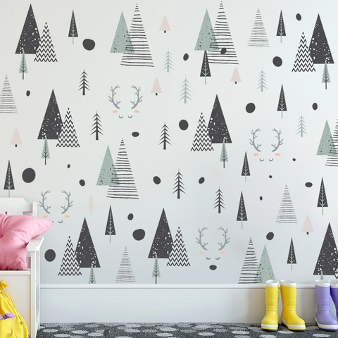 Pegatinas de Pared de Pinos y Ciervos de Bosque de Estilo Nórdico Para Habitación Infantil Dormitorio Sala de Estar de PVC