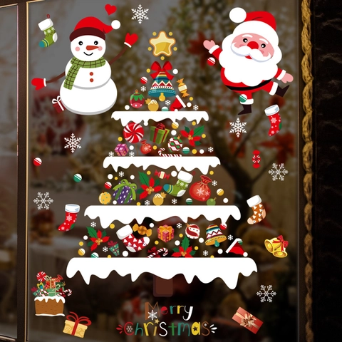Pegatina de Pared Árbol de Navidad Muñeco de Nieve Dibujos Animados Calcomanía de Ventana para Jardín de Infantes Sala de Estar