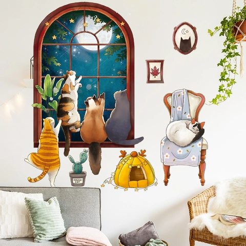 Cartoon Kat Maan Ster Venster Muurstickers Voor Kinderkamer Slaapkamer DIY PVC Verwijderbare Handgetekende Muurschildering
