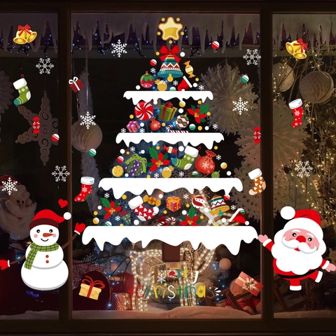 Pegatina de Pared Árbol de Navidad Muñeco de Nieve Dibujos Animados Calcomanía de Ventana para Jardín de Infantes Sala de Estar