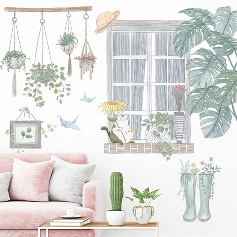 Frische Nordische Stil PVC Wandaufkleber Set Mit Handgemalten Pflanzen Falsches Fenster Katze Für Wohnzimmer Schlafzimmer Deko