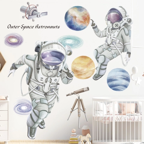 Weltraum Astronaut Wandtattoo PVC Wasserdicht Planeten Galaxie Aufkleber Für Kinderzimmer Kindergarten Schule Dekor Aquarell Kunst