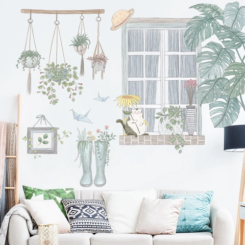 Frische Nordische Stil PVC Wandaufkleber Set Mit Handgemalten Pflanzen Falsches Fenster Katze Für Wohnzimmer Schlafzimmer Deko
