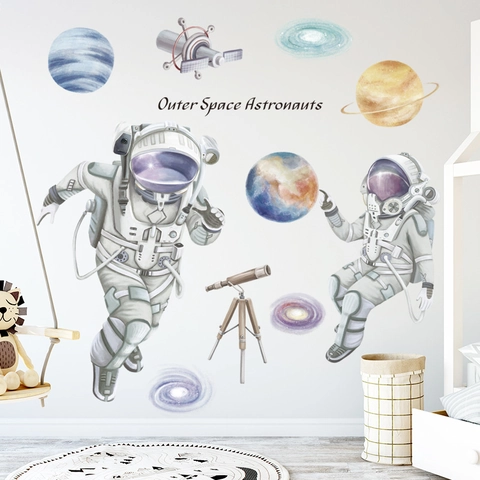 Weltraum Astronaut Wandtattoo PVC Wasserdicht Planeten Galaxie Aufkleber Für Kinderzimmer Kindergarten Schule Dekor Aquarell Kunst