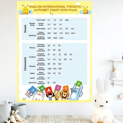 Pegatina de Pared Educativa Alfabeto Fonético Inglés AFI para Niños Dormitorio Aula Póster de Aprendizaje de PVC Impermeable con Animales