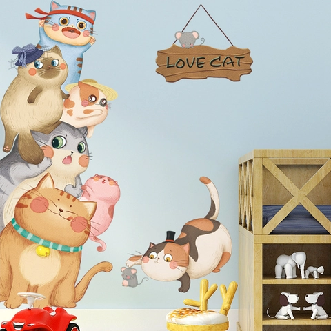 Adesivi Murali Gatto Cartone Animato PVC Removibili Fai da Te per Cameretta Bambini Camera da Letto Decorazione Porta Animali