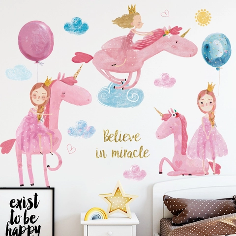 Pegatinas De Pared De Unicornio Rosa Princesa PVC Impermeable Mural Decorativo Para Habitación De Niñas Guardería Tema Milagro