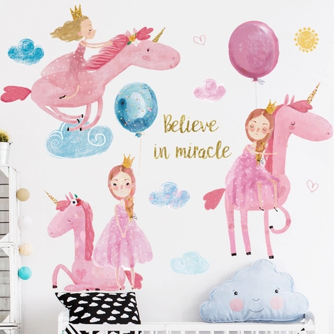 Pegatinas De Pared De Unicornio Rosa Princesa PVC Impermeable Mural Decorativo Para Habitación De Niñas Guardería Tema Milagro