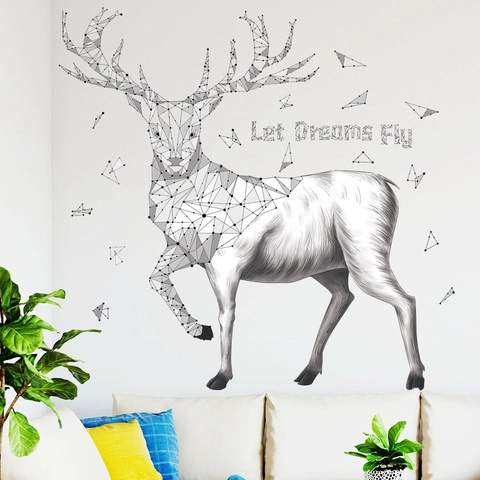 Adesivo da Parete Cervo Geometrico Moderno Con Scritta Let Dreams Fly Minimalista PVC Impermeabile Decalcomania Soggiorno