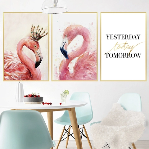 Nordic Pink Flamingo Watercolor Triptych Wall Stickers Waterproof Removable PVC Decal For Bedroom Dining Room Home Decor