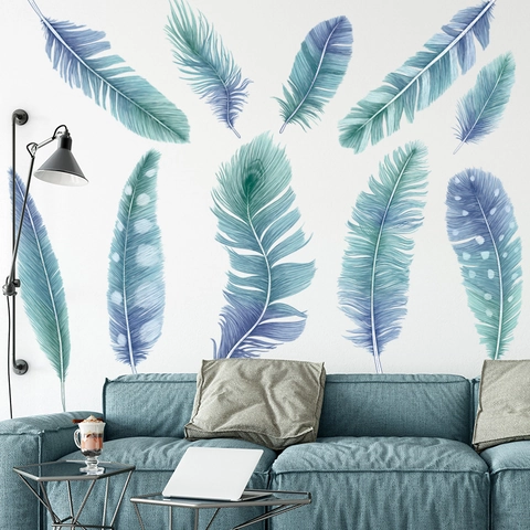 Künstlerische Blau Farbverlauf Feder Wandtattoo PVC Wasserdicht Abnehmbare Aufkleber Für Wohnzimmer Schlafzimmer Wanddeko