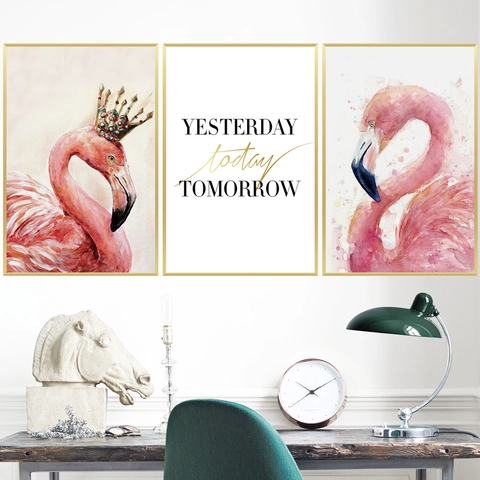 Nordic Pink Flamingo Watercolor Triptych Wall Stickers Waterproof Removable PVC Decal For Bedroom Dining Room Home Decor