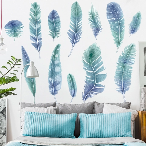 Künstlerische Blau Farbverlauf Feder Wandtattoo PVC Wasserdicht Abnehmbare Aufkleber Für Wohnzimmer Schlafzimmer Wanddeko