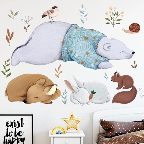 Cartoon Forest Animal Wall Stickers PVC Waterproof Nordic Style Polar Bear Deer Rabbit For Kids Room Nursery Wall Decor