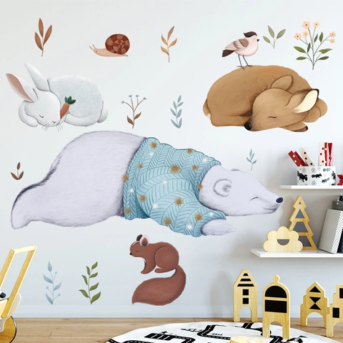 Cartoon Forest Animal Wall Stickers PVC Waterproof Nordic Style Polar Bear Deer Rabbit For Kids Room Nursery Wall Decor