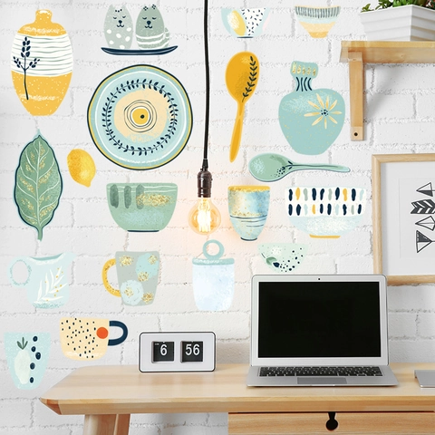Nordic Kitchen Wall Stickers PVC Waterproof Self Adhesive Hand Drawn Tableware Cat Pattern Home Decor Fridge Cabinet Decals