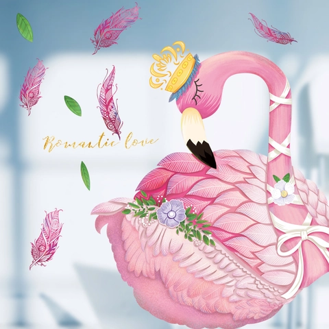 Romantic Pink Flamingo Wall Sticker With Golden Crown And Feather PVC Removable Decal For Bedroom Living Room Home Decor