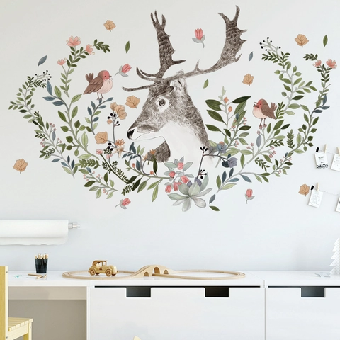 Pegatinas De Pared De Cabeza De Ciervo En Acuarela Nórdica Con Flores Rosas Y Hojas Verdes Calcomanía Decorativa De PVC
