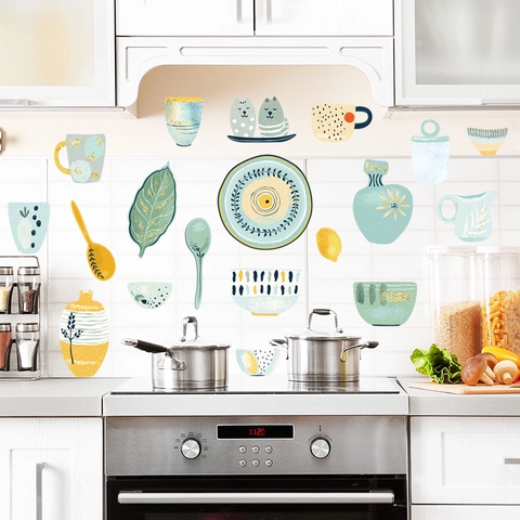 Nordic Kitchen Wall Stickers PVC Waterproof Self Adhesive Hand Drawn Tableware Cat Pattern Home Decor Fridge Cabinet Decals