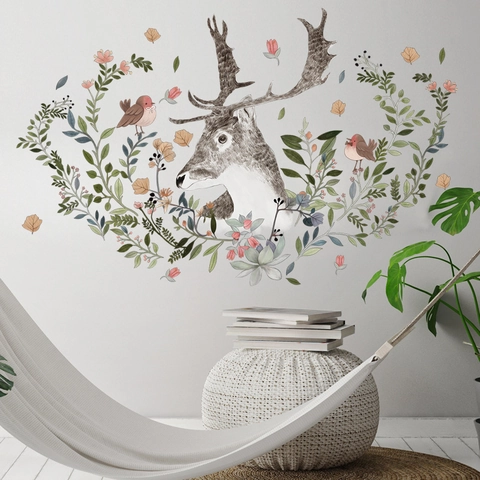 Pegatinas De Pared De Cabeza De Ciervo En Acuarela Nórdica Con Flores Rosas Y Hojas Verdes Calcomanía Decorativa De PVC