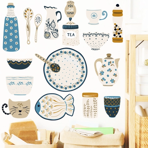 Hand-Drawn Kitchen Theme PVC Wall Stickers Self-Adhesive Waterproof Removable Decals For Fridge Cabinet Dining Room Decor